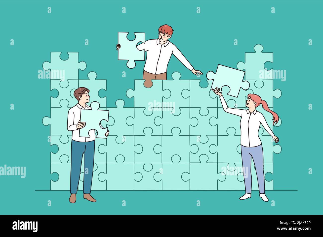 Divers hommes d'affaires connectent des puzzles à la recherche d'une solution d'affaires ensemble. Les employés coopèrent pour joindre des éléments afin de partager des objectifs ou des résultats. Travail d'équipe. Illustration vectorielle. Illustration de Vecteur