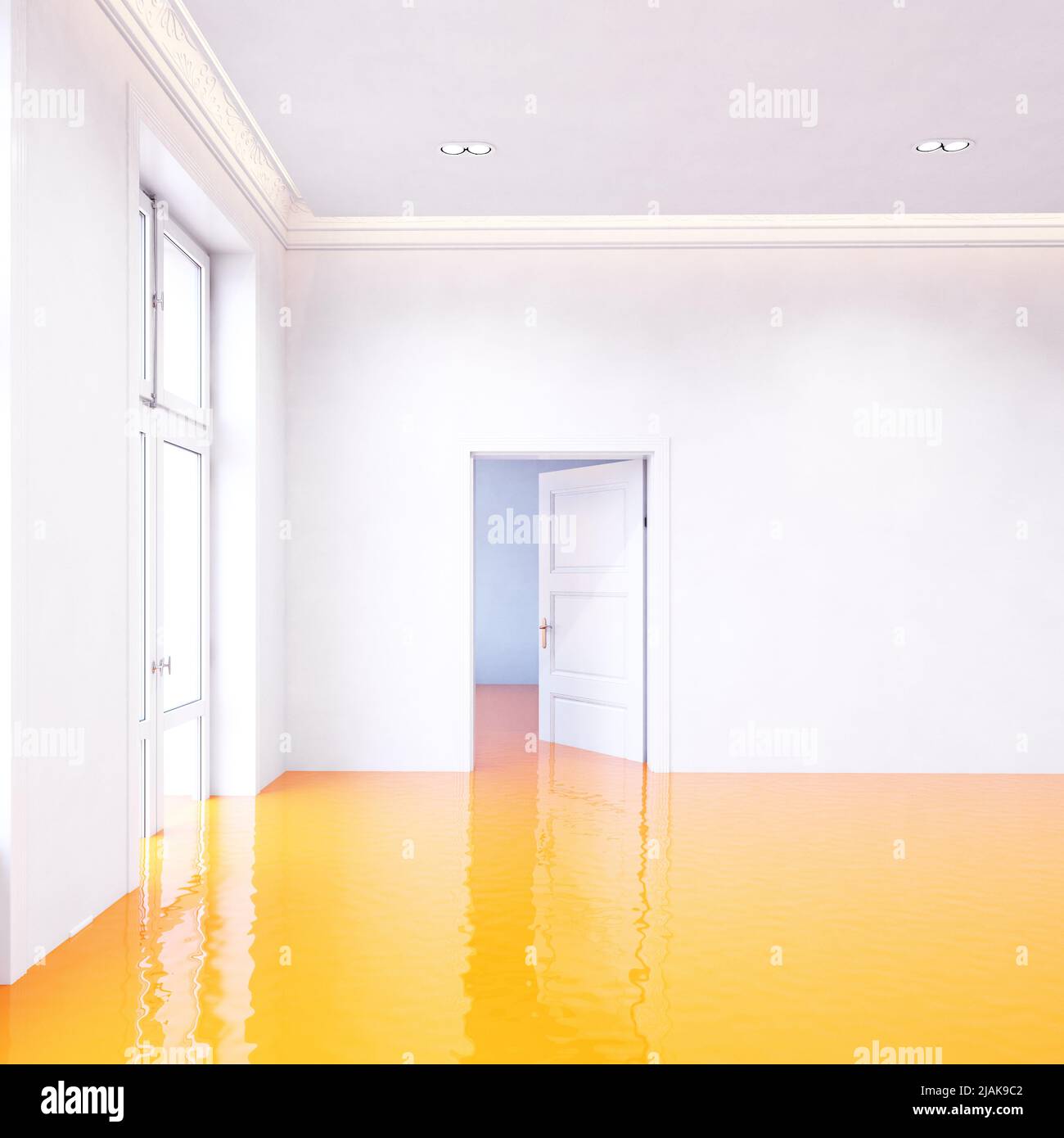 le jus d'orange envahit la chambre. 3d illustration créative Banque D'Images