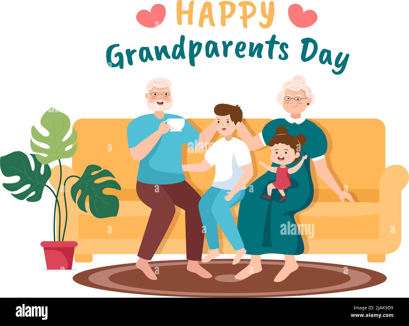 Happy Grandfants Day mignon dessin animé Illustration avec petit-enfant, couple plus âgé, Décoration de fleurs, grand-père et grand-mère à plat pour affiche Illustration de Vecteur