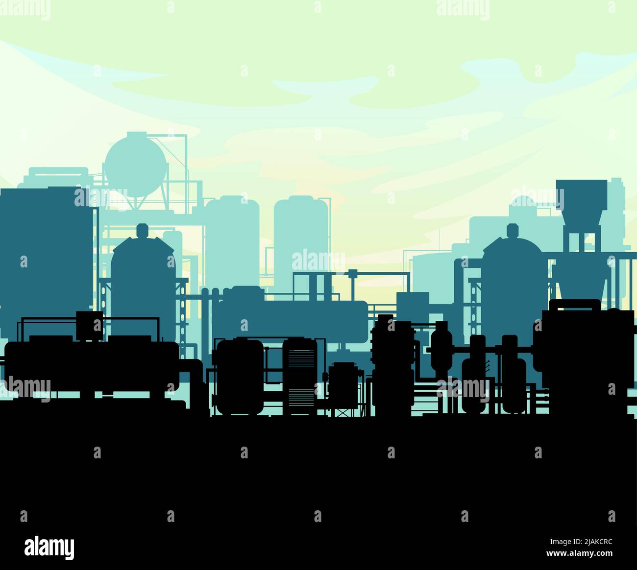 Usine de production. Conduite de débit. Silhouette des objets. Équipement technique industriel. Produit chimique d'usine. Paysage de jour. Entreprise de technologie moderne. VEC Illustration de Vecteur