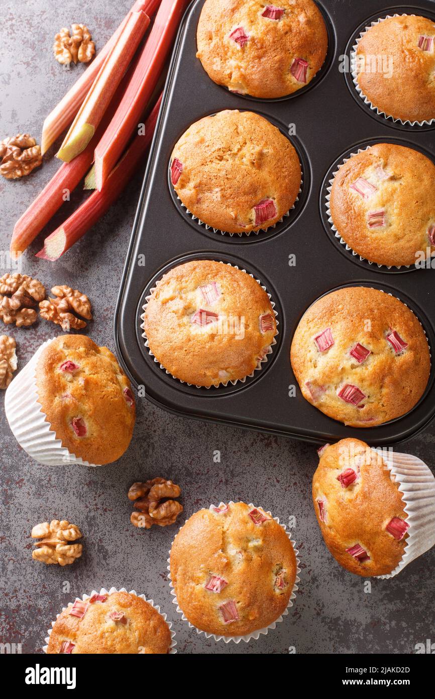 Muffins fraîchement cuits avec rhubarbe et noix de Grenoble en gros plan dans un plat de cuisson sur la table. Vue verticale du dessus Banque D'Images