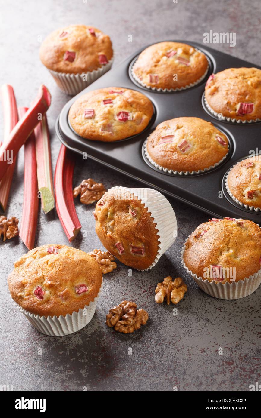 Muffins fraîchement cuits avec rhubarbe et noix de Grenoble en gros plan dans un plat de cuisson sur la table. Verticale Banque D'Images
