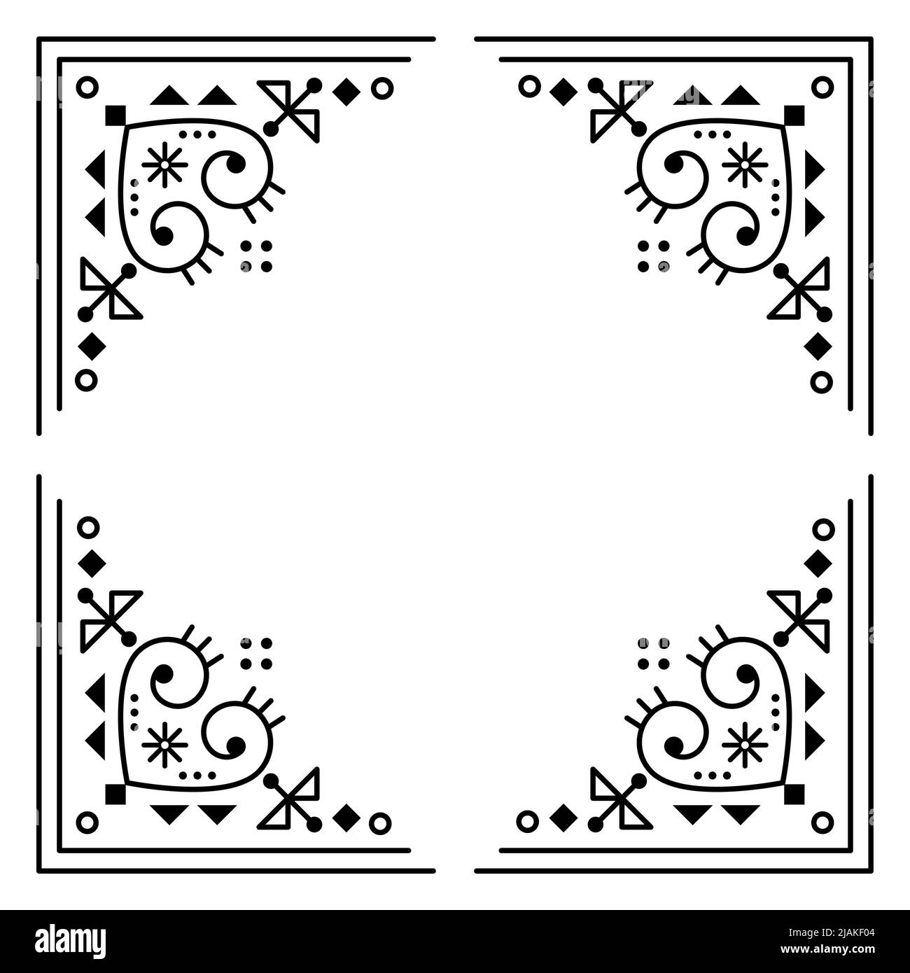 Carte de voeux ou motif d'invitation à motif vectoriel de style art folklorique de la piste islandaise avec coins encadrés, composition géométrique carrée avec coeurs Illustration de Vecteur
