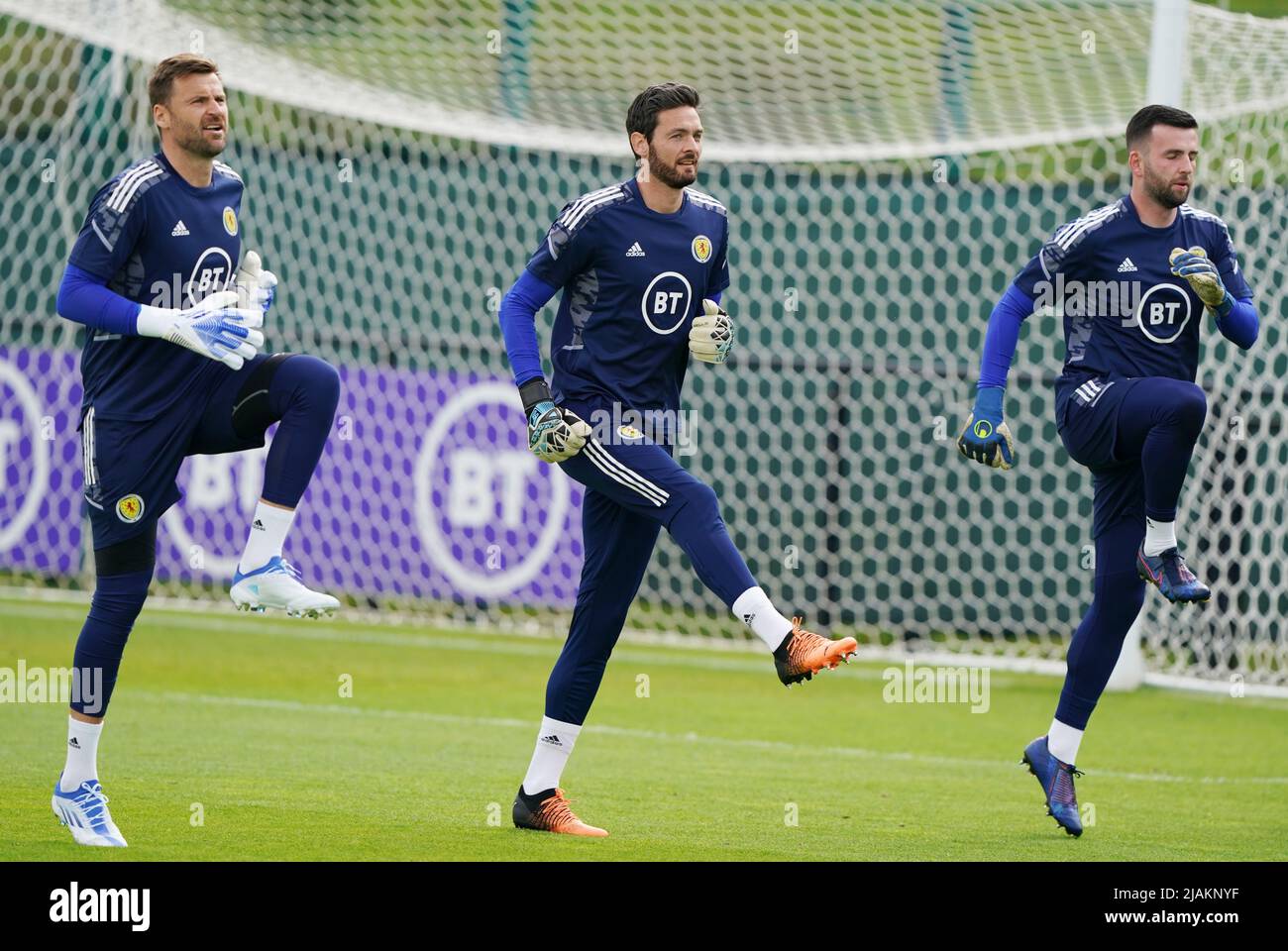 David Marshall en Écosse, Craig Gordon et Liam Kelly lors d'une séance de formation à Oriam, Édimbourg. Date de la photo: Mardi 31 mai 2022. Banque D'Images