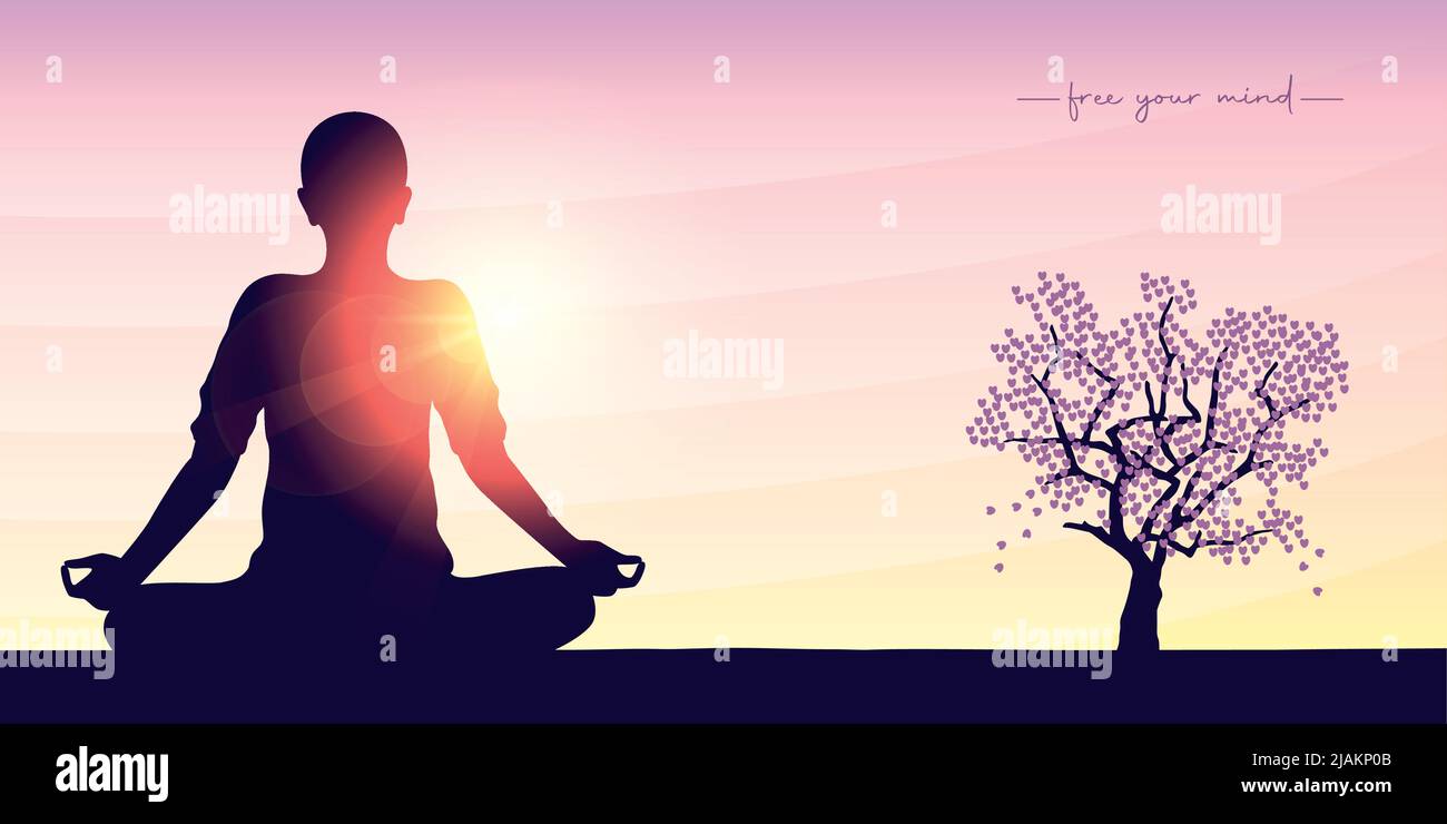 yoga paisible en milieu de personne sur fond ensoleillé et lumineux avec grand arbre Illustration de Vecteur