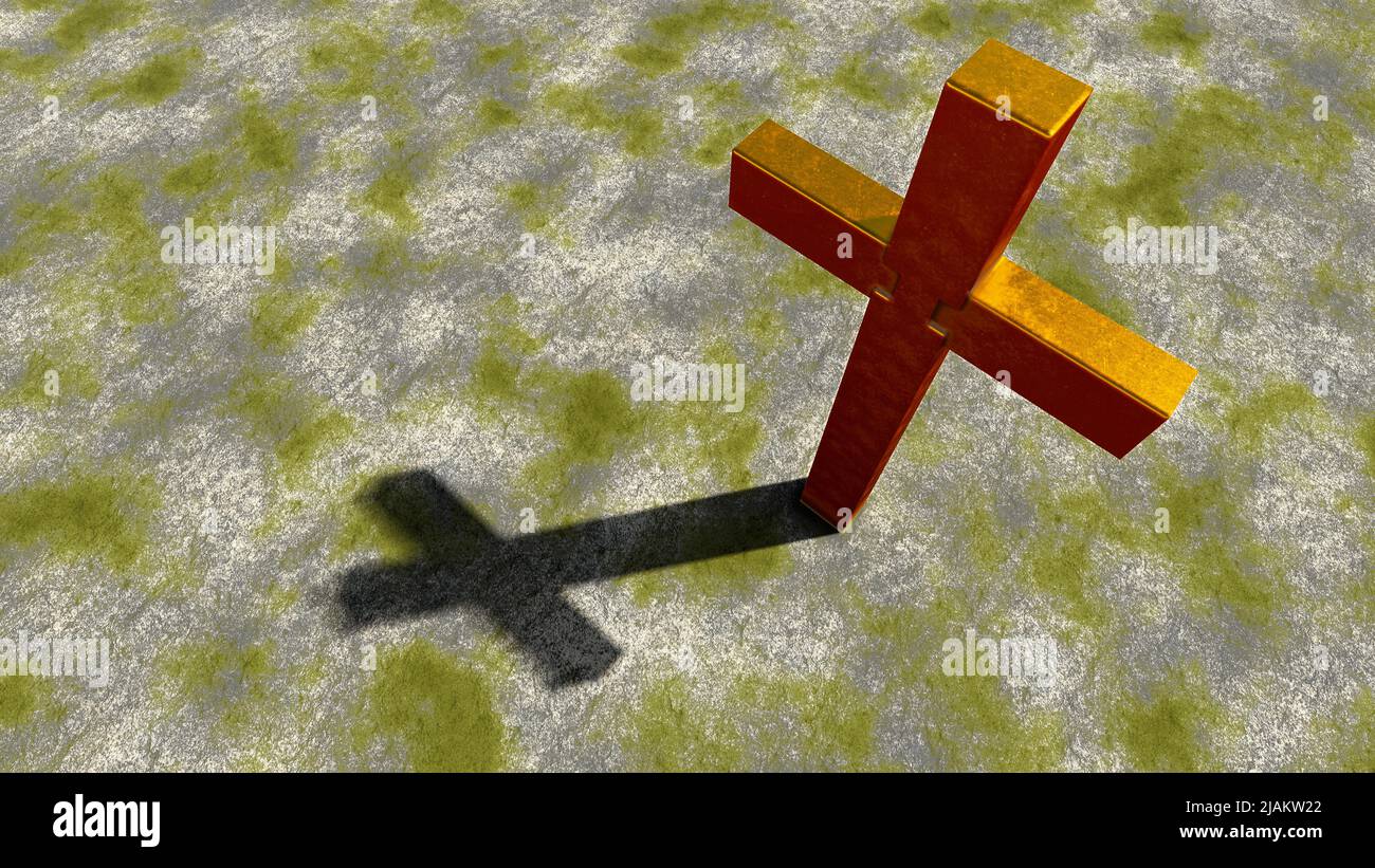 Concept ou croix dorée conceptuelle sur fond de pierre grungy vintage. 3D métaphore de l'illustration pour Dieu, Christ, Christianisme, religieux, foi Banque D'Images