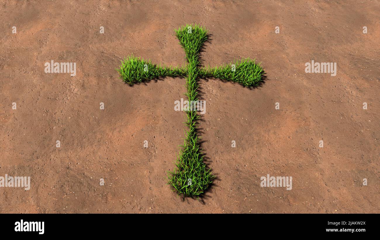 Concept conceptuel vert été pelouse herbe symbole forme sur sol brun ou fond de terre, signe de la croix chrétienne religieuse. 3d métaphore de l'illustration Banque D'Images
