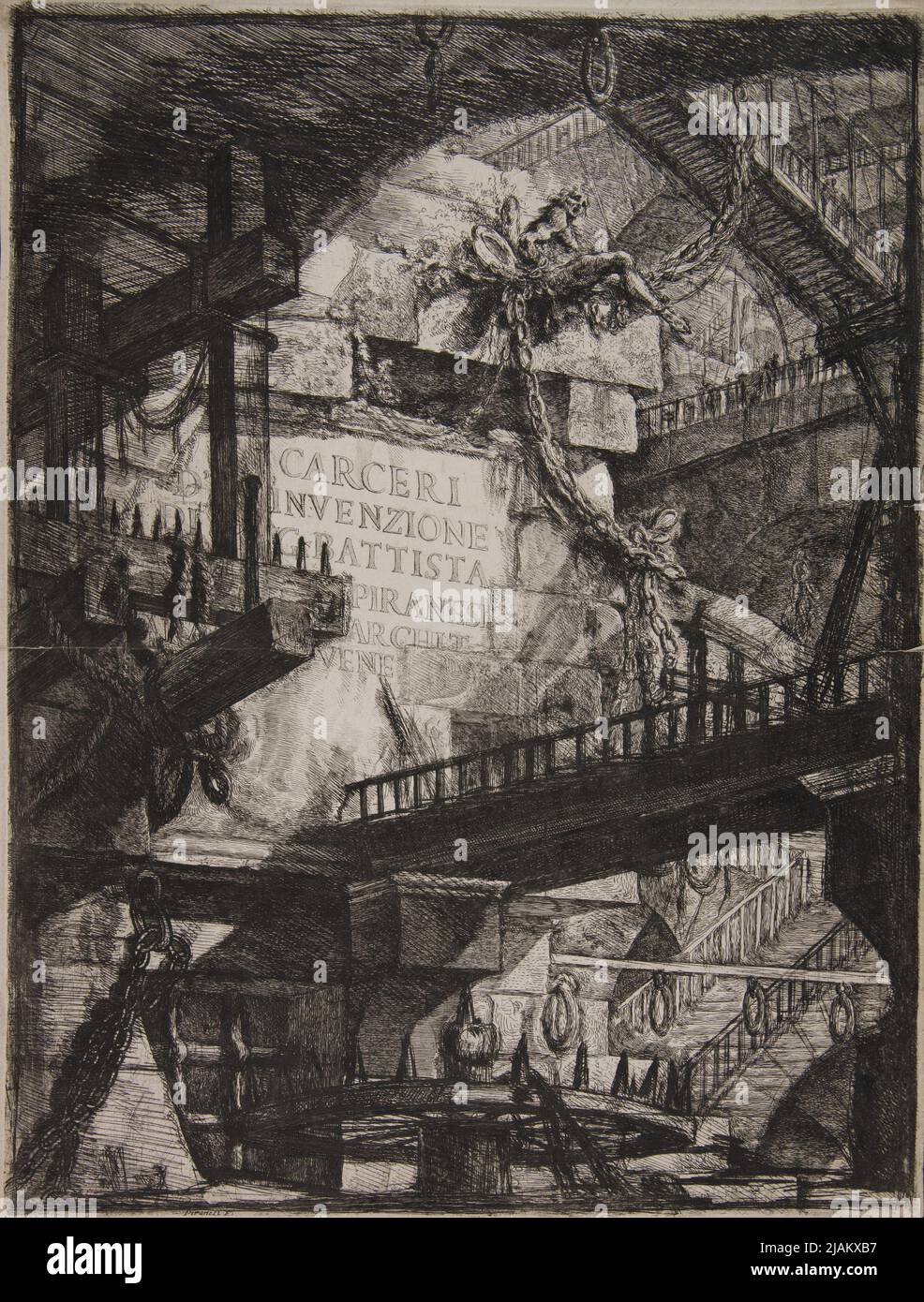 Carceri d` invenzione di G. Battista Piranesi archit. vene. – Prison, roue de rupture, porche en bois. Titre sur le mur, figure assise liée dans les chaînes Piranesi, Giovanni Battista (1720 1778) Banque D'Images