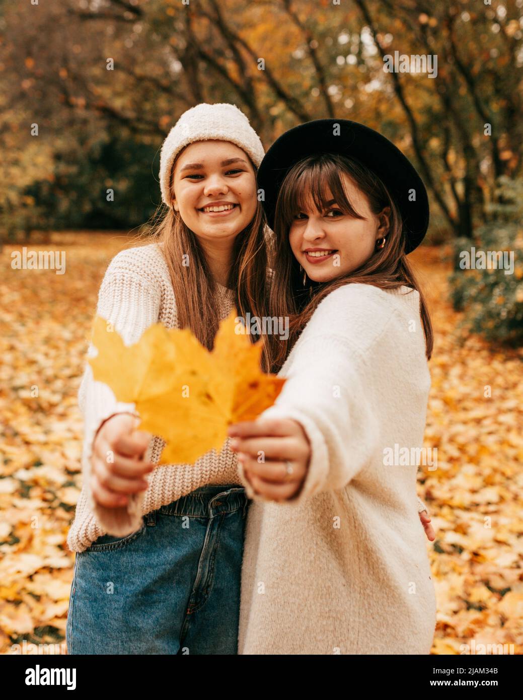 Souriante, les jeunes femmes posent sans souci, en tenant les feuilles jaunes d'automne à l'appareil photo.elles sont vêtues de chandails et de chapeaux de couleur. Vacances. Feuilles tombées Banque D'Images