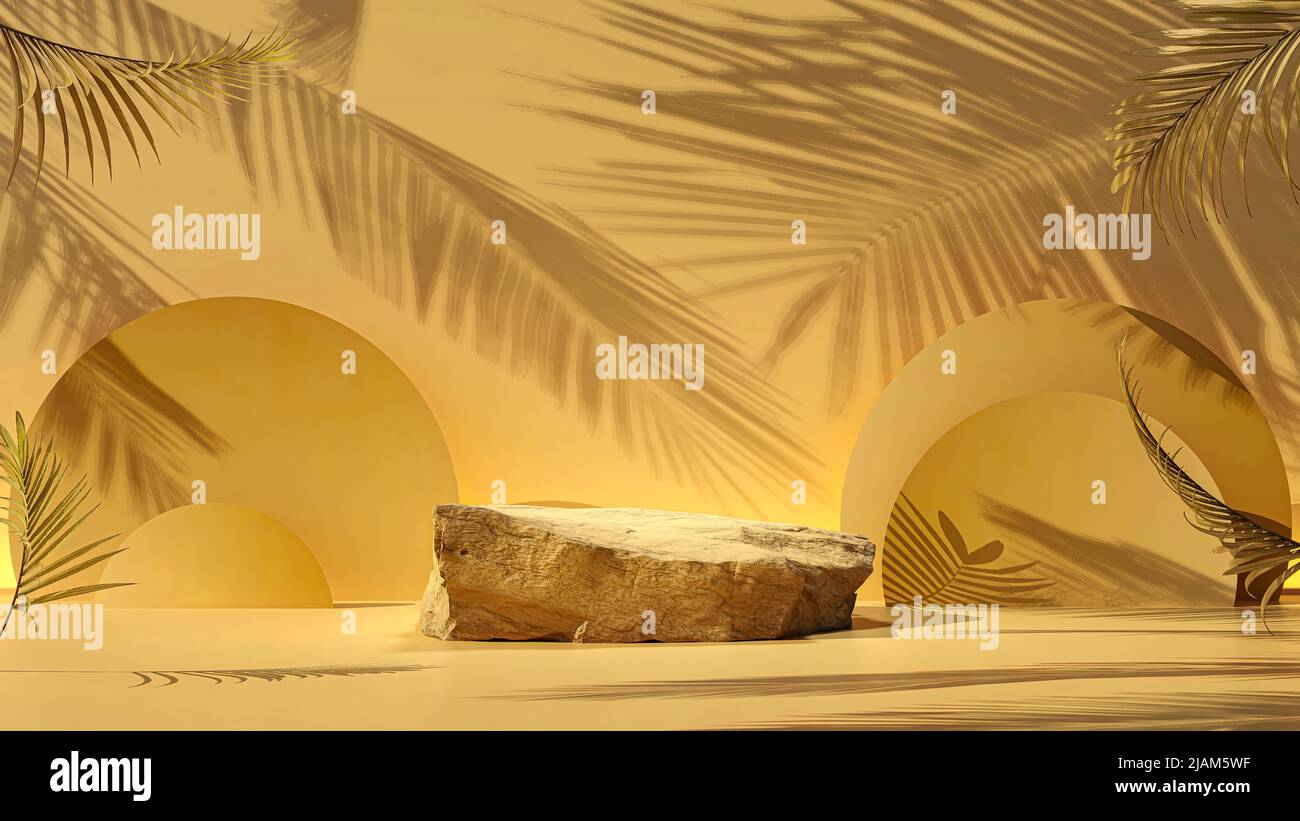 Podium scène minimale avec formes organiques. Podium en pierre sur fond jaune pâle. Les ombres des feuilles frappent la paroi cylindrique. Plate-forme en pierre. Banque D'Images