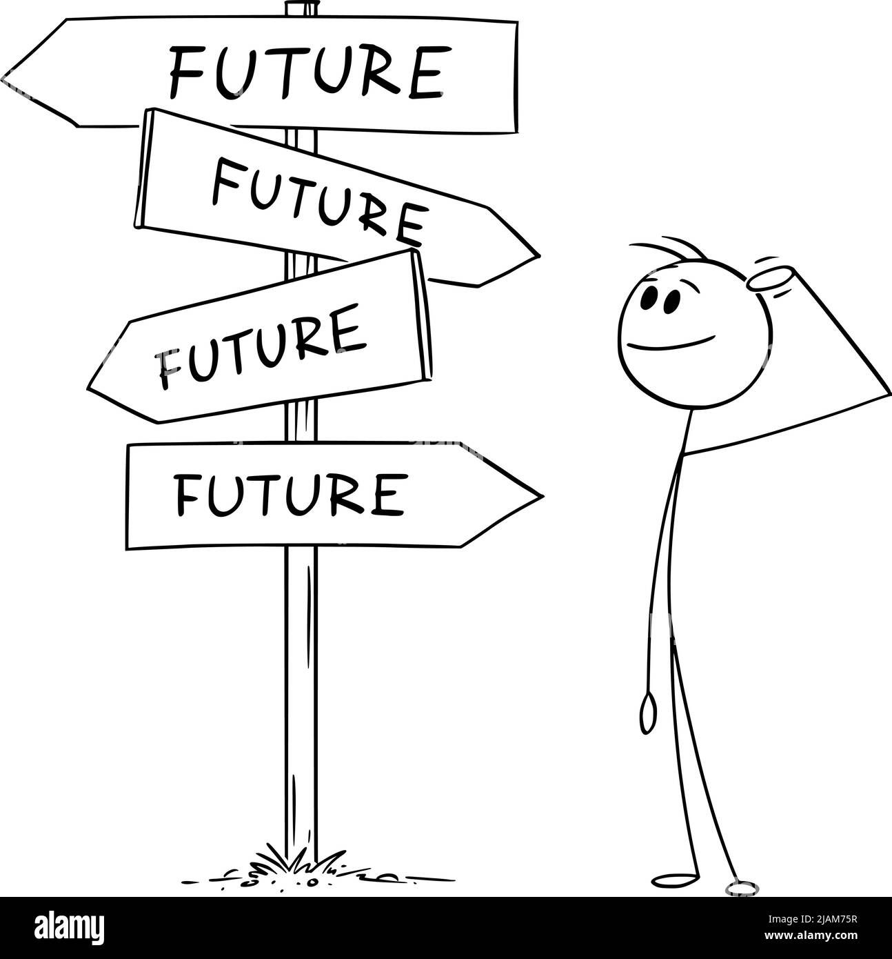 Décider et choisir parmi les choix futurs, personne ou homme d'affaires debout sur le carrefour, Vector Cartoon Stick Figure Illustration Illustration de Vecteur