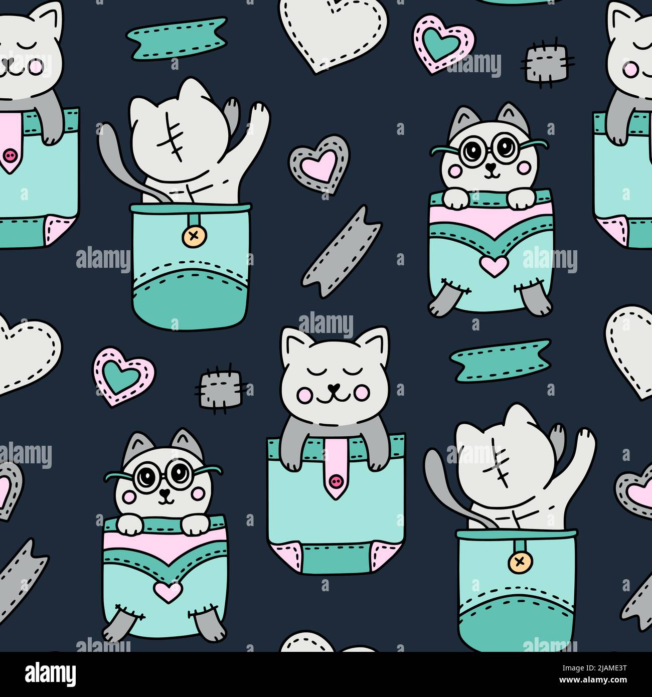 Joli chat dans la poche kawaii sans couture motif vectoriel - illustration pour enfants Illustration de Vecteur
