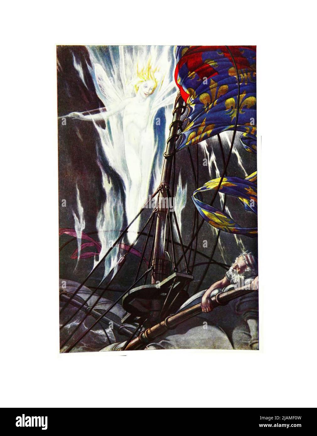 Sur le mât, les YARDS ET BOWSCRIT, JE FLAMME DISTINCTEMENT Act I SC II du livre ' The Tempest ' de William Shakespeare, 1564-1616;illustré par Paul Woodroffe, contenu supplémentaire par Joseph S., Moorat, Ballantyne Press, printmaker Publisher London : Chapman & Hall, Ltd. 1908 Banque D'Images