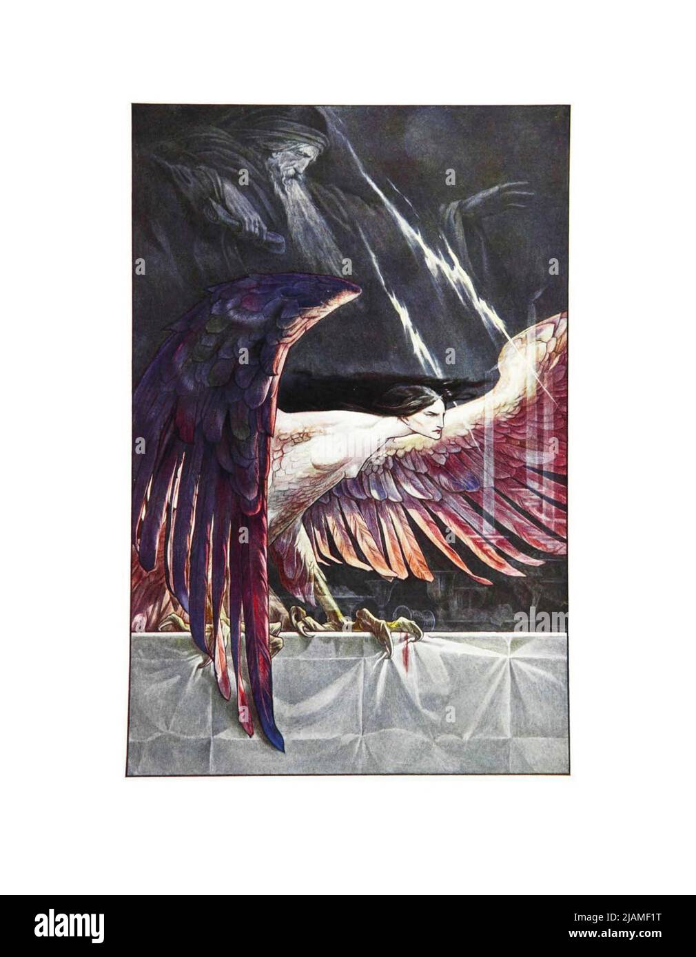 Ariel as a Harpy Act III SC III du livre « The Tempest » de William Shakespeare, 1564-1616; illustré par Paul Woodroffe, contenu supplémentaire par Joseph S., Moorat, Ballantyne Press, printmaker Publisher London : Chapman & Hall, Ltd. 1908 Banque D'Images