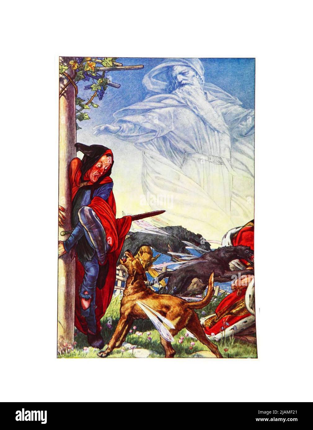 Fureur ! Fureur ! Là, tyran, là ! hark, hark ! Acte IV SC I du livre « The Tempest » de William Shakespeare, 1564-1616; illustré par Paul Woodroffe, contenu supplémentaire par Joseph S., Moorat, Ballantyne Press, printmaker Publisher London : Chapman & Hall, Ltd. 1908 Banque D'Images