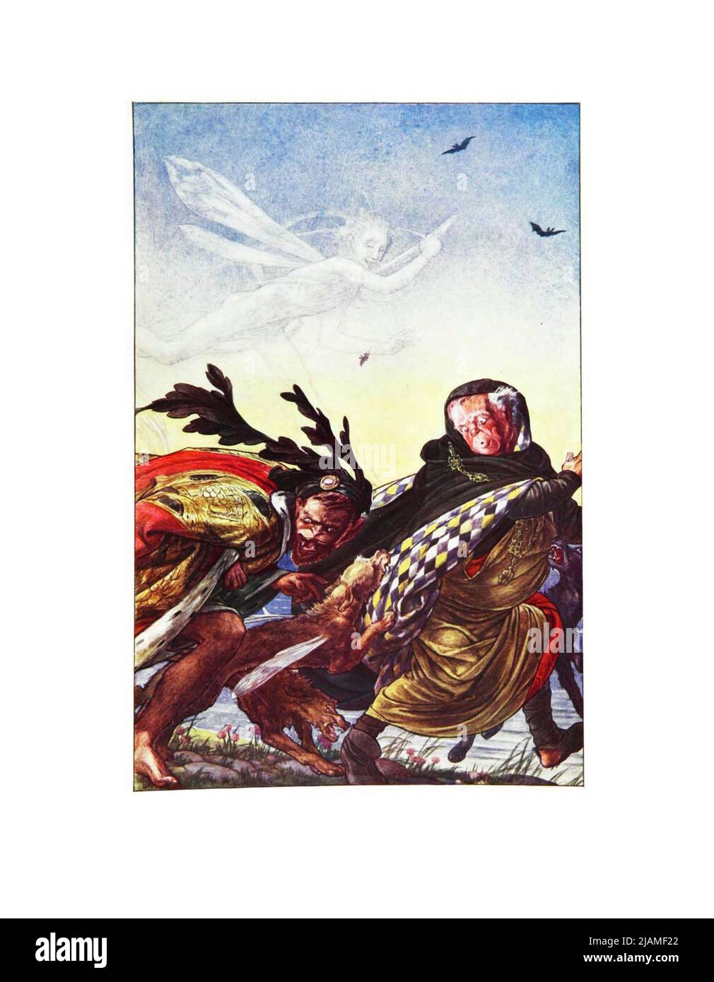 Fureur ! Fureur ! Là, tyran, là ! hark, hark ! Acte IV SC I du livre « The Tempest » de William Shakespeare, 1564-1616; illustré par Paul Woodroffe, contenu supplémentaire par Joseph S., Moorat, Ballantyne Press, printmaker Publisher London : Chapman & Hall, Ltd. 1908 Banque D'Images