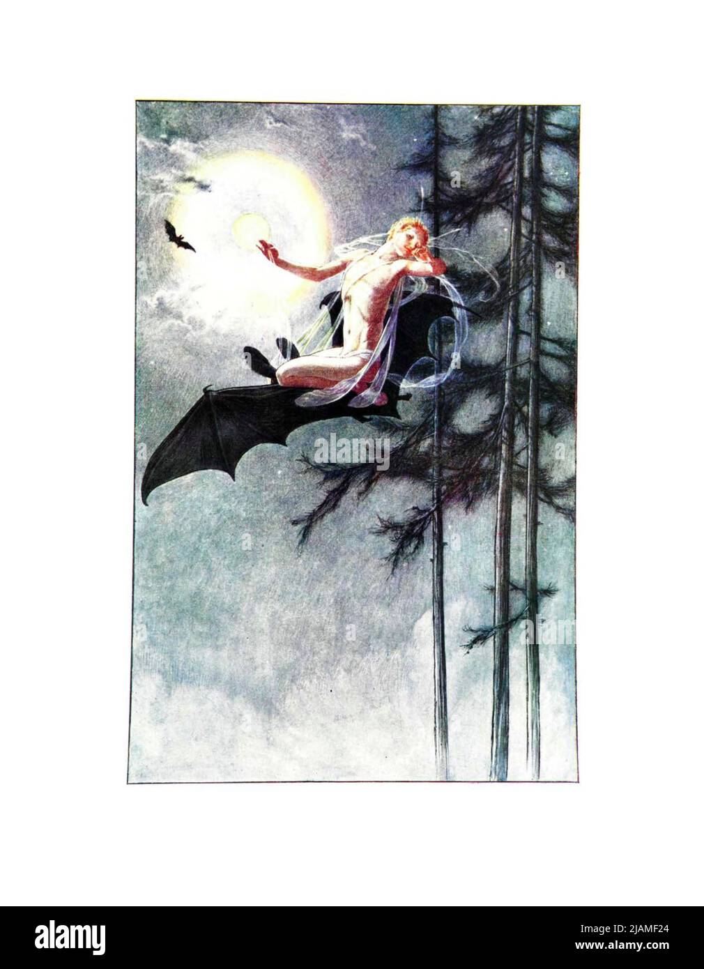 Sur le dos de la chauve-souris, je fais voler ACT V SC I du livre ' The Tempest ' de William Shakespeare, 1564-1616;illustré par Paul Woodroffe, contenu supplémentaire par Joseph S., Moorat, Ballantyne Press, printmaker Publisher London : Chapman & Hall, Ltd. 1908 Banque D'Images