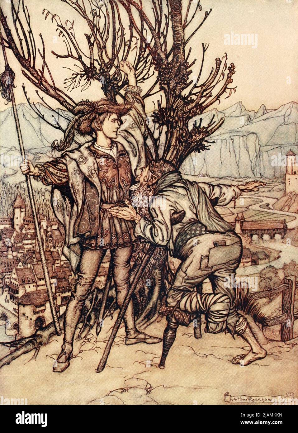 Le jeune prince a dit, ' Je n'ai pas peur ; je suis déterminé à aller regarder la belle rose de Briar de l'histoire ' Roses de Briar ' du livre ' les contes de fées des Frères Grimm ' illustrés par Arthur Rackham Banque D'Images