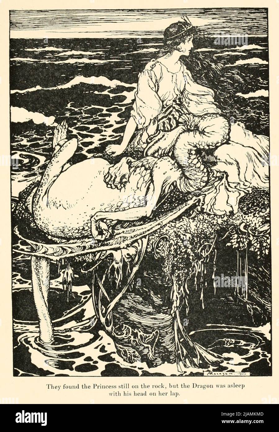 Ils ont trouvé la princesse toujours sur le rocher, mais le Dragon s'est endormi avec son liead sur ses genoux à partir de l'histoire "LES QUATRE FRÈRES INTELLIGENTS" du livre "les contes de fées des Frères Grimm" illustré par Arthur Rackham Banque D'Images