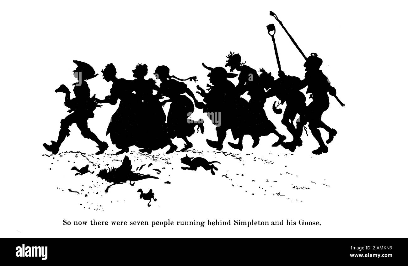 Ainsi, il y avait maintenant sept personnes qui se sont présentées derrière Simpleton et son Goose dans l'histoire « l'OIE d'or » du livre « les contes de fées des Frères Grimm » illustré par Arthur Rackham Banque D'Images