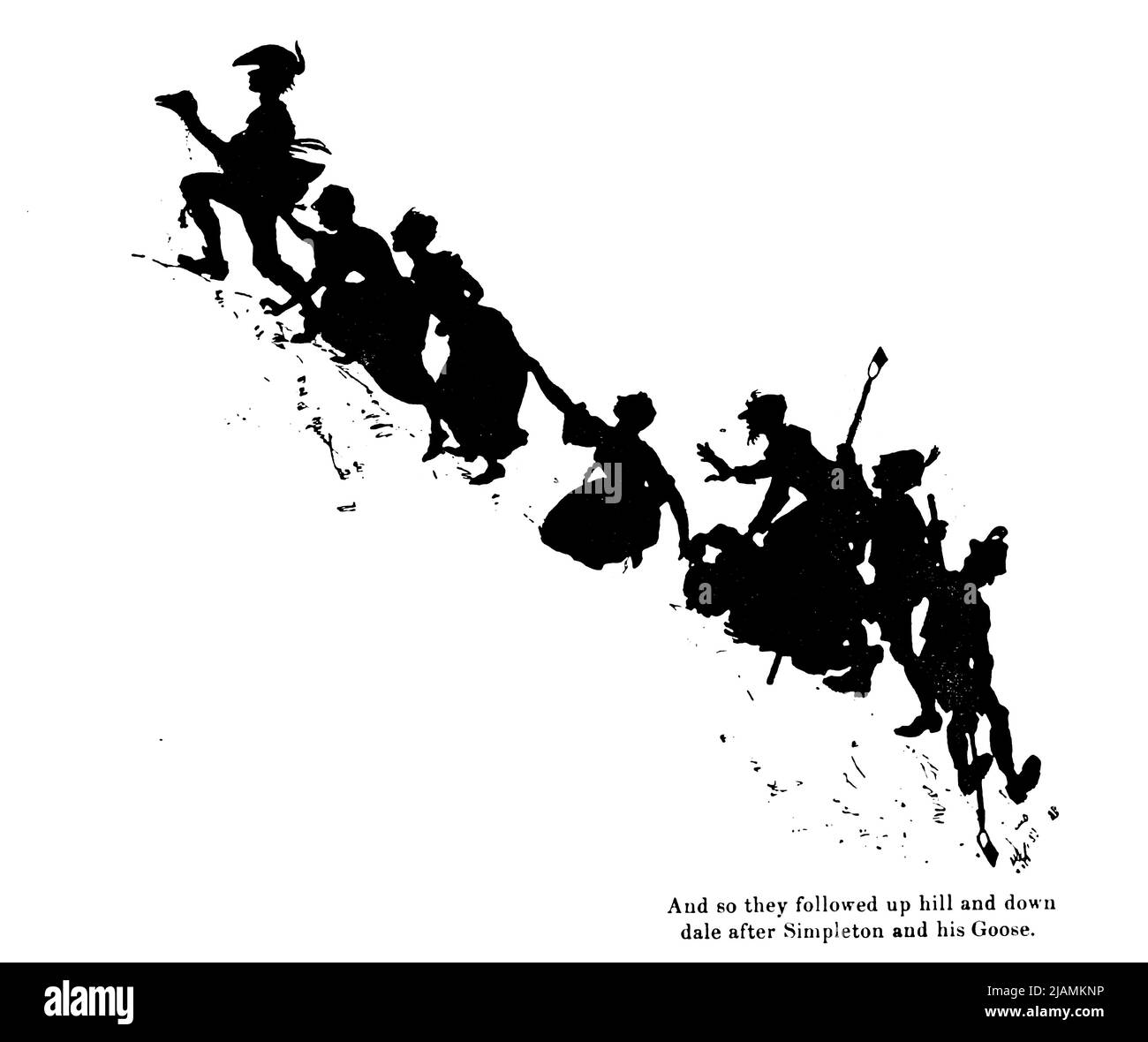 Et ainsi ils ont suivi la colline et le bas dale après Simpleton et son OIE de l'histoire ' l'OIE d'or ' du livre ' les contes de fées des Frères Grimm ' illustré par Arthur Rackham Banque D'Images