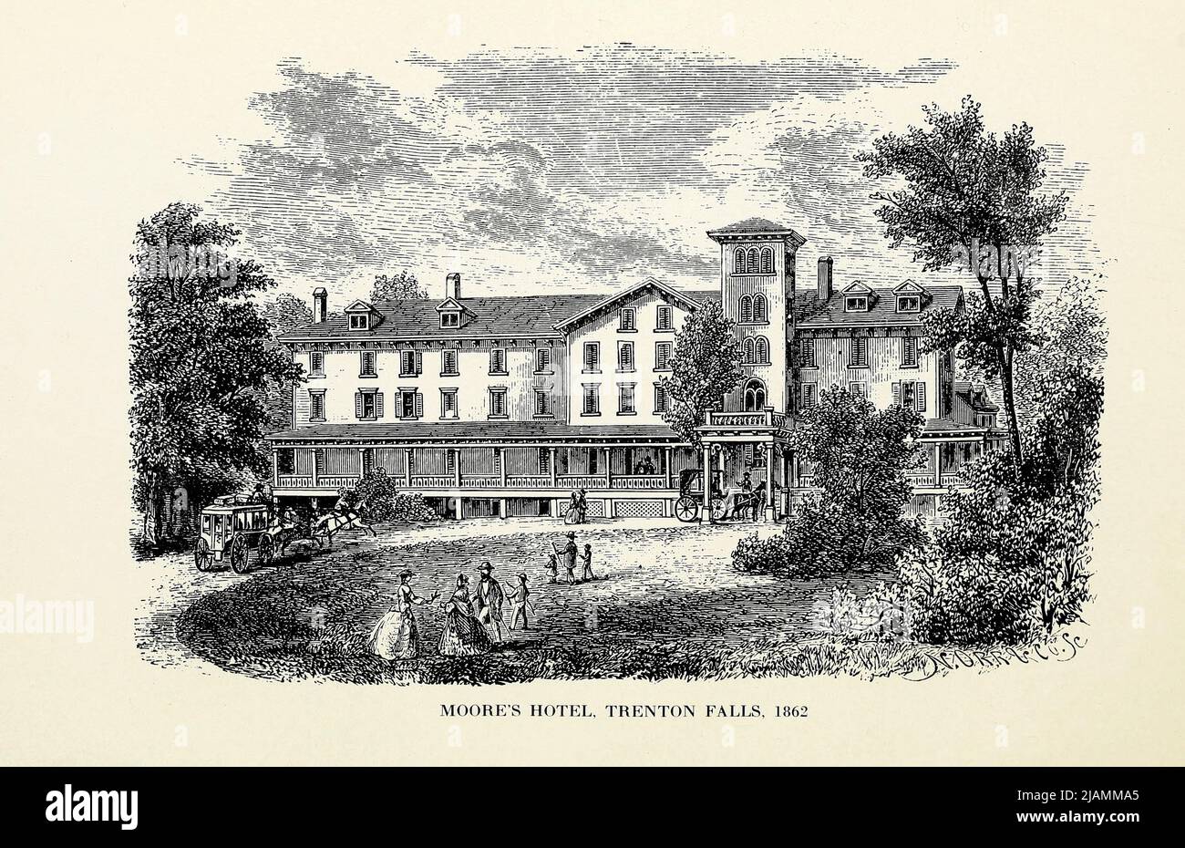 Moore's Hotel, West Wing 1862 du livre « The Golden Era of Trenton Falls » de Charlotte Agnes Uhlein Pitcher, Date de publication 1915 Éditeur Utica, New York : c.a. Le pichet décrit la beauté des chutes Trenton avant son amortissement par une compagnie d'électricité et fournit de nombreuses descriptions par les visiteurs des chutes spectaculaires [les chutes Trenton sont une chute d'eau sur le ruisseau West Canada[1] à Trenton, New York. Des sentiers pittoresques ont été développés par énergie renouvelable Brookfield et la ville de Trenton. Les chutes ont été et utilisées pour produire de l'électricité produite par l'énergie hydraulique à partir du début du XXe siècle, et se poursuivent Banque D'Images