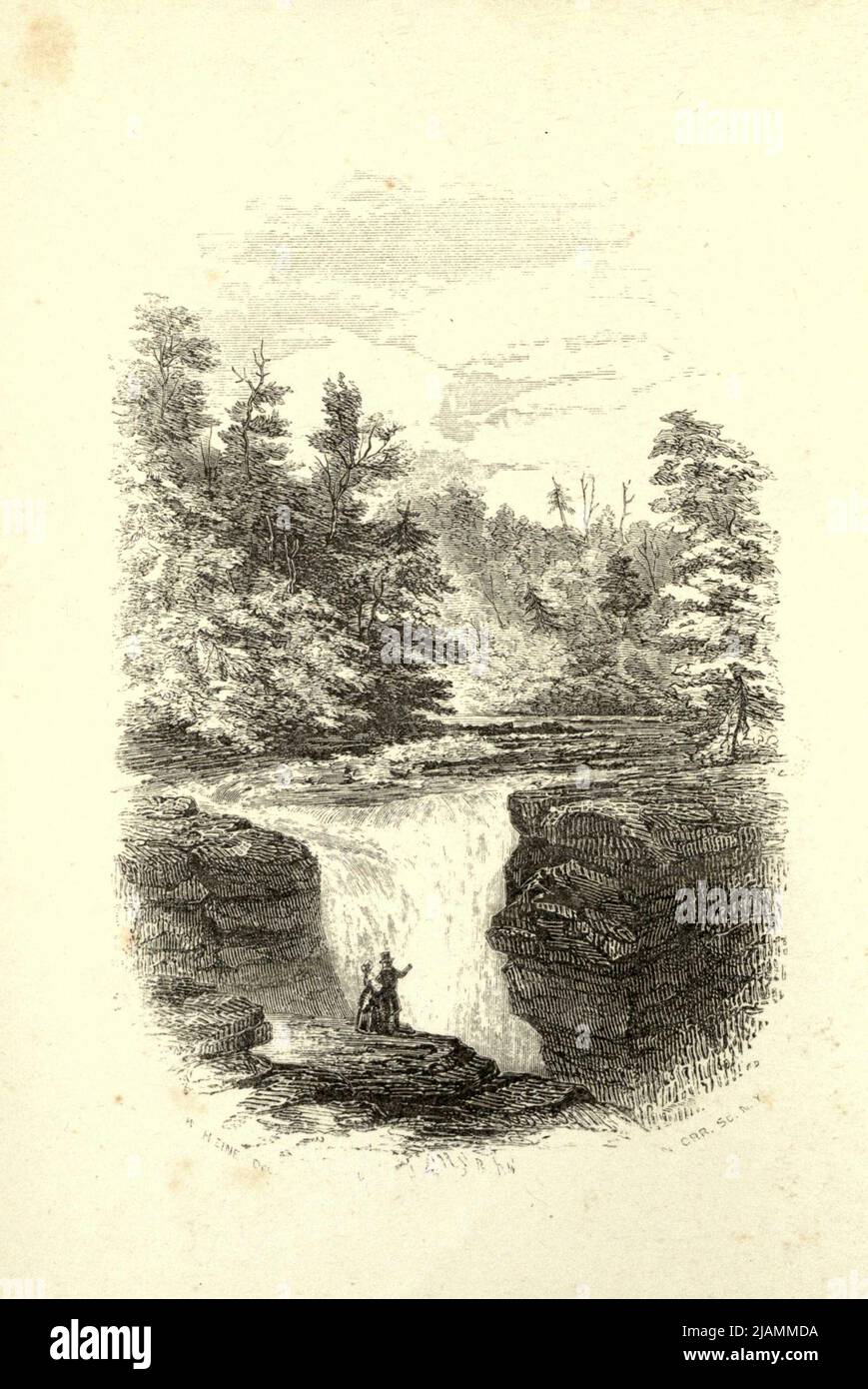 SHERMAN FALL Frontispiece. D'après le livre ' Trenton Falls, pittoresque et descriptif ' par Nathaniel Parker Willis, John Sherman, ILLUSTRATIONS DE DESSINS ORIGINAUX PAR HEINE, KUMMER ET MULLER Date de publication 1851 Editeur New York : G.P. Putnam [Trenton Falls est une chute d'eau sur West Canada Creek à Trenton, New York. Des sentiers pittoresques ont été développés par énergie renouvelable Brookfield et la ville de Trenton. Les chutes ont été et utilisées pour produire de l'électricité générée par l'hydroélectricité à partir du début du XXe siècle, et continuent du faire aujourd'hui.] Banque D'Images