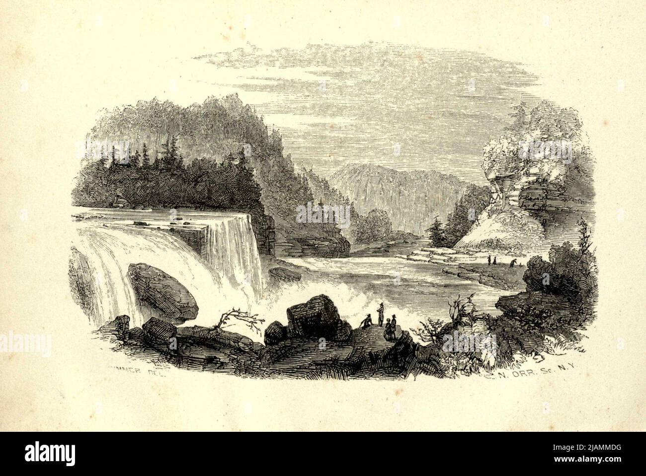 HIGH FALLS, en regardant le ravin du livre ' Trenton Falls, pittoresque et descriptif ' par Nathaniel Parker Willis, John Sherman, ILLUSTRATIONS DE DESSINS ORIGINAUX PAR HEINE, KUMMER ET MULLER Date de publication 1851 Editeur New York : G.P. Putnam [Trenton Falls est une chute d'eau sur West Canada Creek à Trenton, New York. Des sentiers pittoresques ont été développés par énergie renouvelable Brookfield et la ville de Trenton. Les chutes ont été et utilisées pour produire de l'électricité générée par l'hydroélectricité à partir du début du XXe siècle, et continuent du faire aujourd'hui.] Banque D'Images