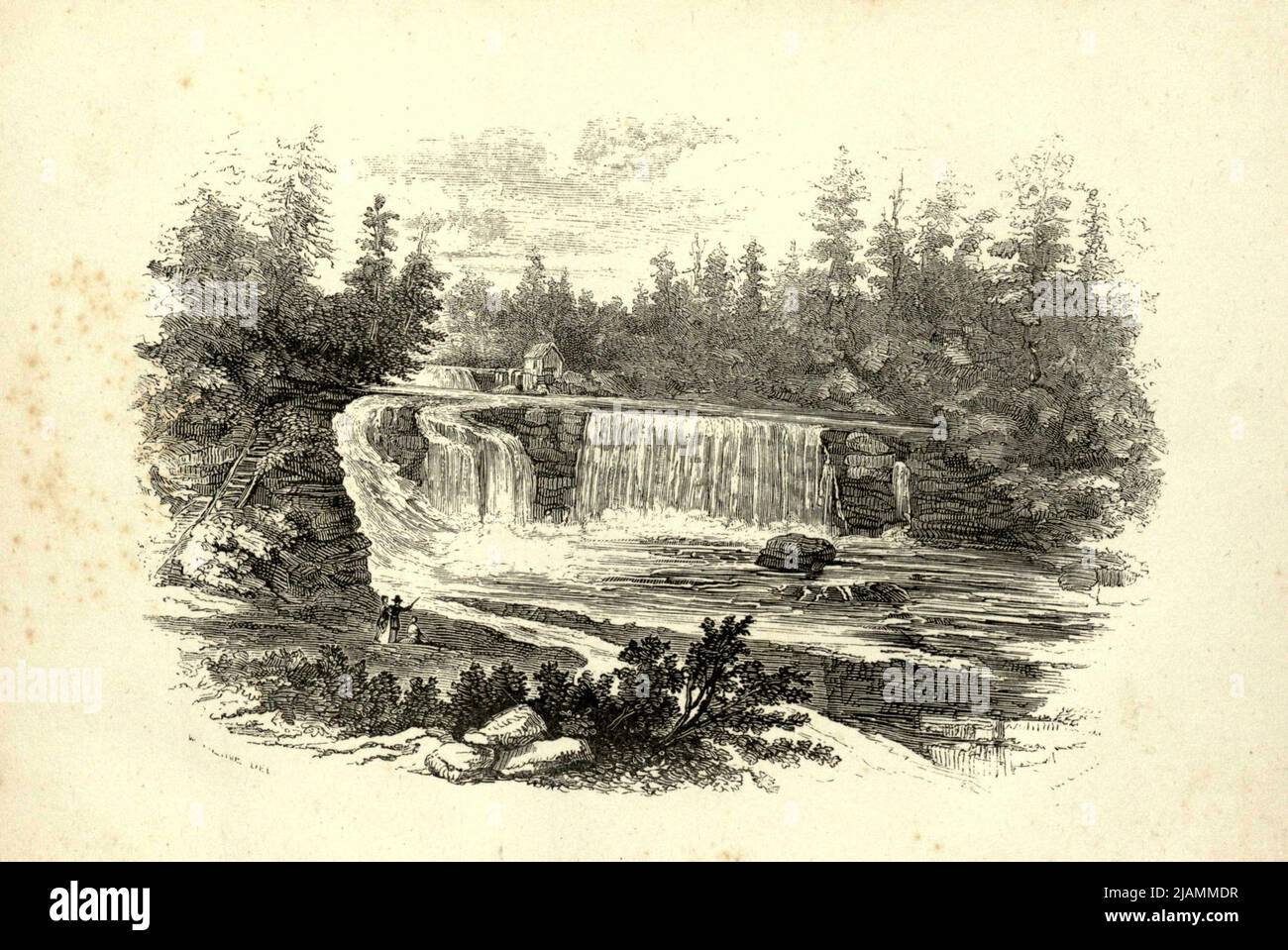 VUE DU POINT DE CARMICHAEL, DE LA PARTIE SUPÉRIEURE DE LA HAUTE CHUTE, LE MOULIN-BARRAGE CHUTE À LA DISTANCE du livre ' Trenton Falls, pittoresque et descriptif ' par Nathaniel Parker Willis, John Sherman, ILLUSTRATIONS DES DESSINS ORIGINAUX DE HEINE, KUMMER ET MULLER Date de publication 1851 Éditeur New York : G.P. Putnam [Trenton Falls est une chute d'eau sur West Canada Creek à Trenton, New York. Des sentiers pittoresques ont été développés par énergie renouvelable Brookfield et la ville de Trenton. Les chutes ont été et utilisées pour produire de l'électricité produite par l'hydroélectricité à partir du début du XXe siècle, et continuent du faire Banque D'Images