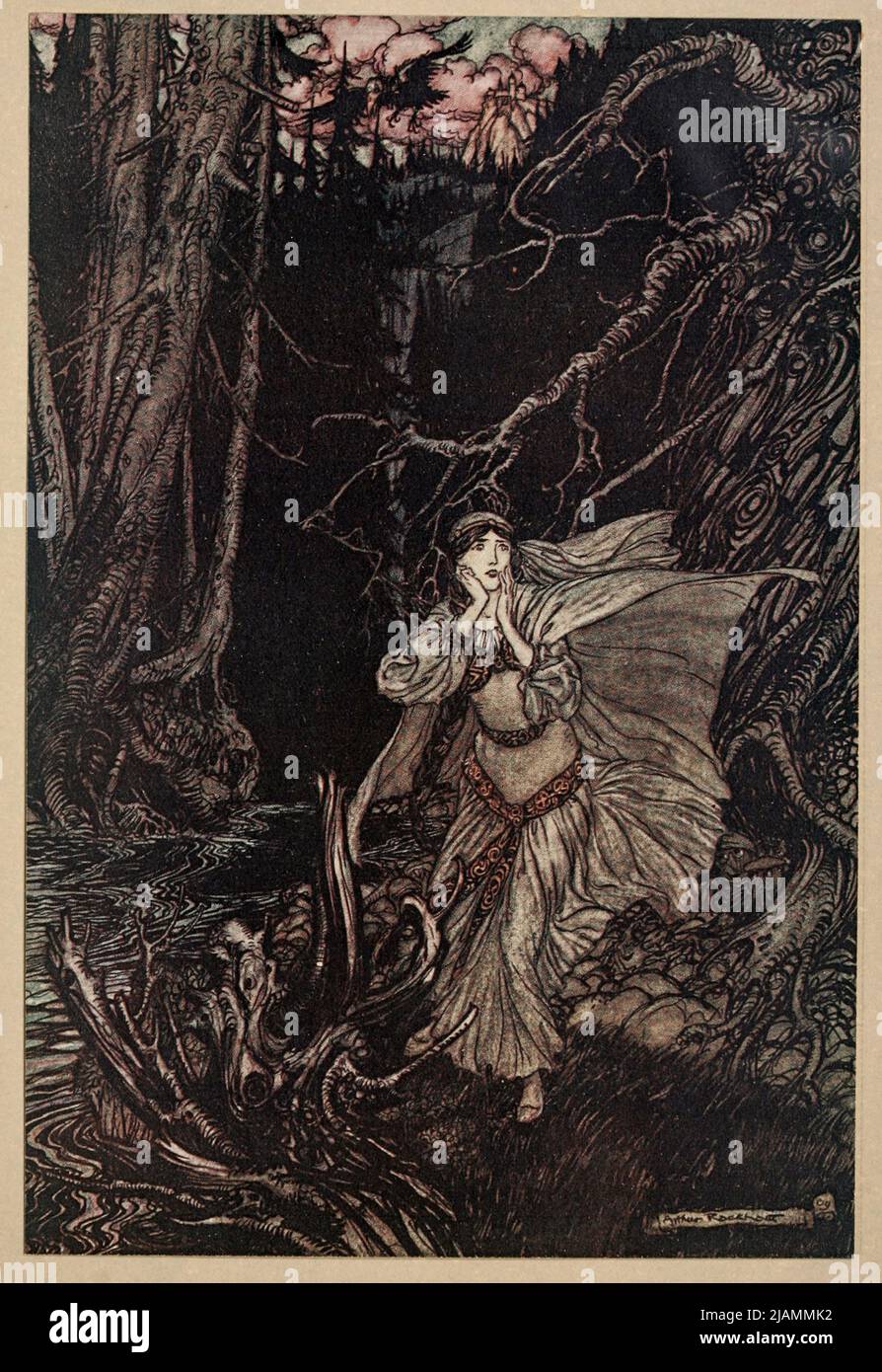 Bertalda dans la vallée noire, tiré du livre « UNDINE » DE LA MOTTE POUQUE; ADAPTEDFrom Allemand de W L COURTNEY ILLUSTRÉ PAR ARTHUR RACKHAM publié à Londres et New York en 1909 Undine est un roman de conte de fées (Erzählung) de Friedrich de la Motte Fouqué dans lequel Undine, un esprit aquatique, épouse un chevalier nommé Huldebrand pour gagner une âme. Publié en 1811, il s'agit d'un roman allemand, qui a été traduit en anglais et dans d'autres langues. Banque D'Images