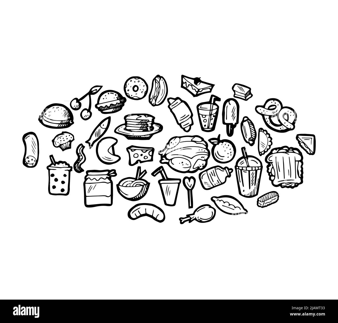 Ensemble d'aliments sous forme d'ellipse. Petits pains et plats à base de viande. Contour du dessin à la main. Isolé sur fond blanc. Mise en plan monochrome. Vecteur Illustration de Vecteur