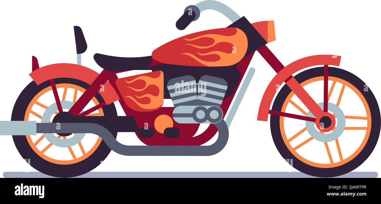 Moto. Moto de vélo rouge avec graffiti à la flamme orange, véhicule classique, course sur route, conduite extrême de vitesse, mobylette moderne, voyages et sport Illustration de Vecteur