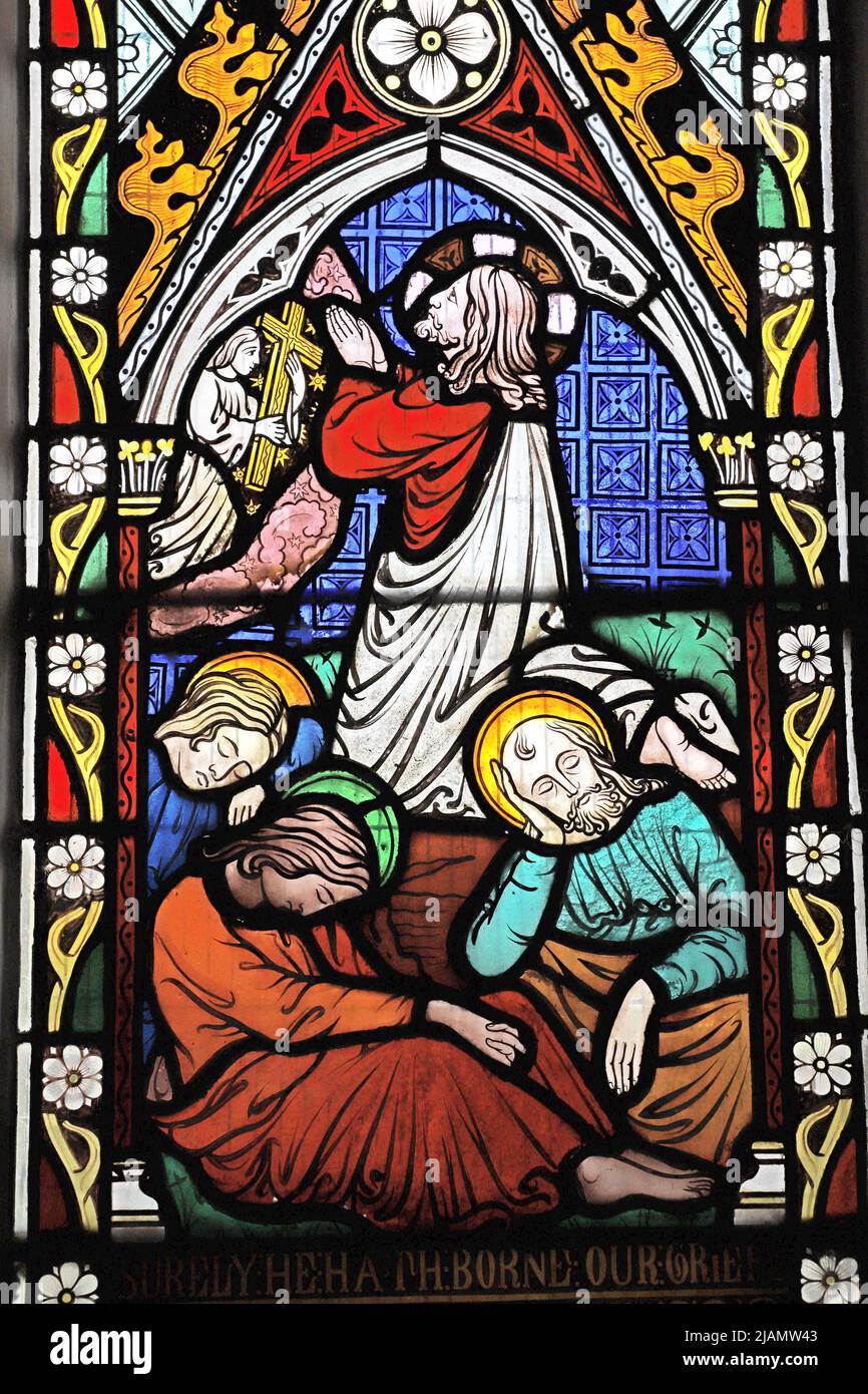 Vitraux de Frederick Preedy représentant Agony in the Garden, All Saints Church, Church Lench, Worcestershire Banque D'Images