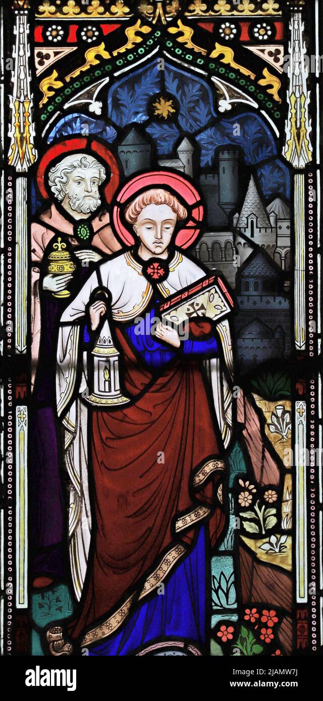 Une vitrail de Frederick Preedy représentant Saint Jean et Saint Pierre se présentant à la tombe de Jésus en entendant qu'il est vide, Église de la Toussaint, Chur Banque D'Images