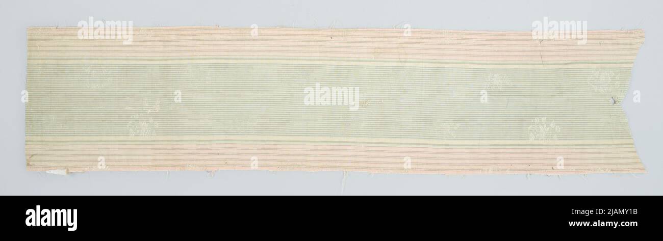 Fragment de tissu de soie rayures verticales fait de fines rayures vertes et des sprays blancs de fleurs entre eux inconnus Banque D'Images