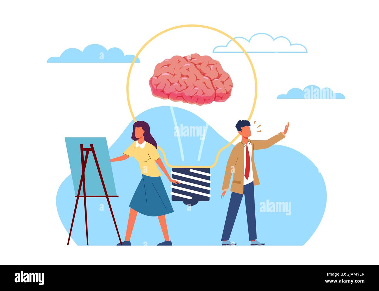 Idée créative d'inspiration générale. Femme artiste et homme acteur, personnes avec talent créatif, ampoule avec cerveau, processus créatif réussi Illustration de Vecteur