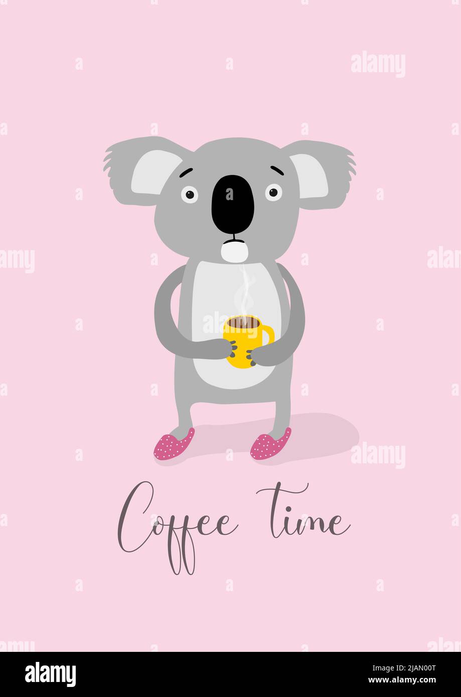 Illustration vectorisée d'un koala buvant un café pour rester éveillé avec ses yeux grands ouverts sur un fond rose avec des points blancs et porte des chaussons. Illustration de Vecteur