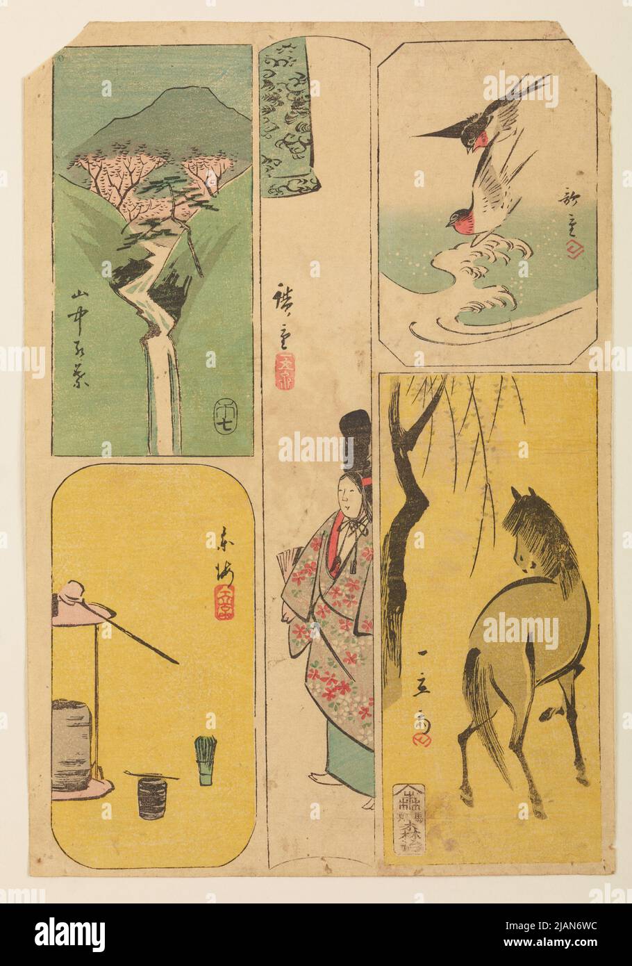 Cinq scènes sur une planche à avaler, cheval, femme, paysage, ustensiles de thé Banque D'Images