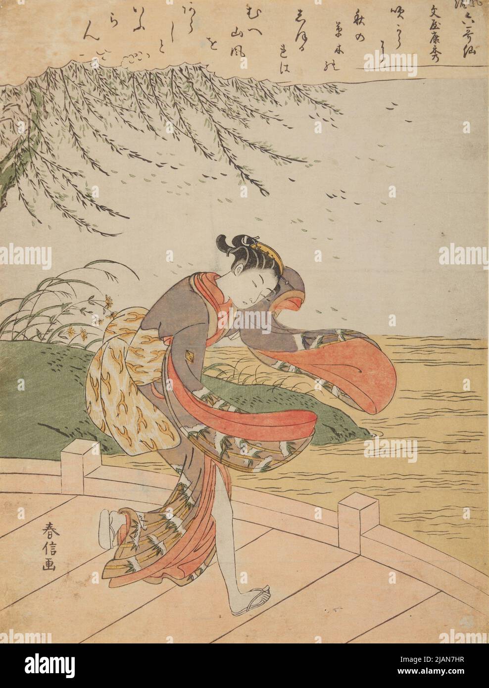 Fille sur un pont pendant un vent, de la série: Parodies des six poètes immortels /Furyu rokkasen Harunobu, Suzuki (1724 1770) Banque D'Images