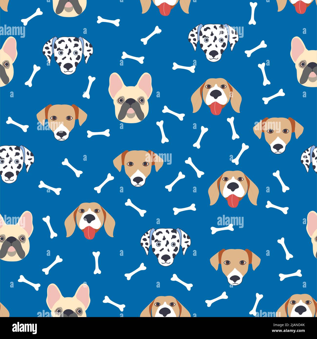 Motifs sans couture avec de jolis chiens de dessin animé muzzles.Dalmatien, Terrier, Bulldog. Illustration de Vecteur