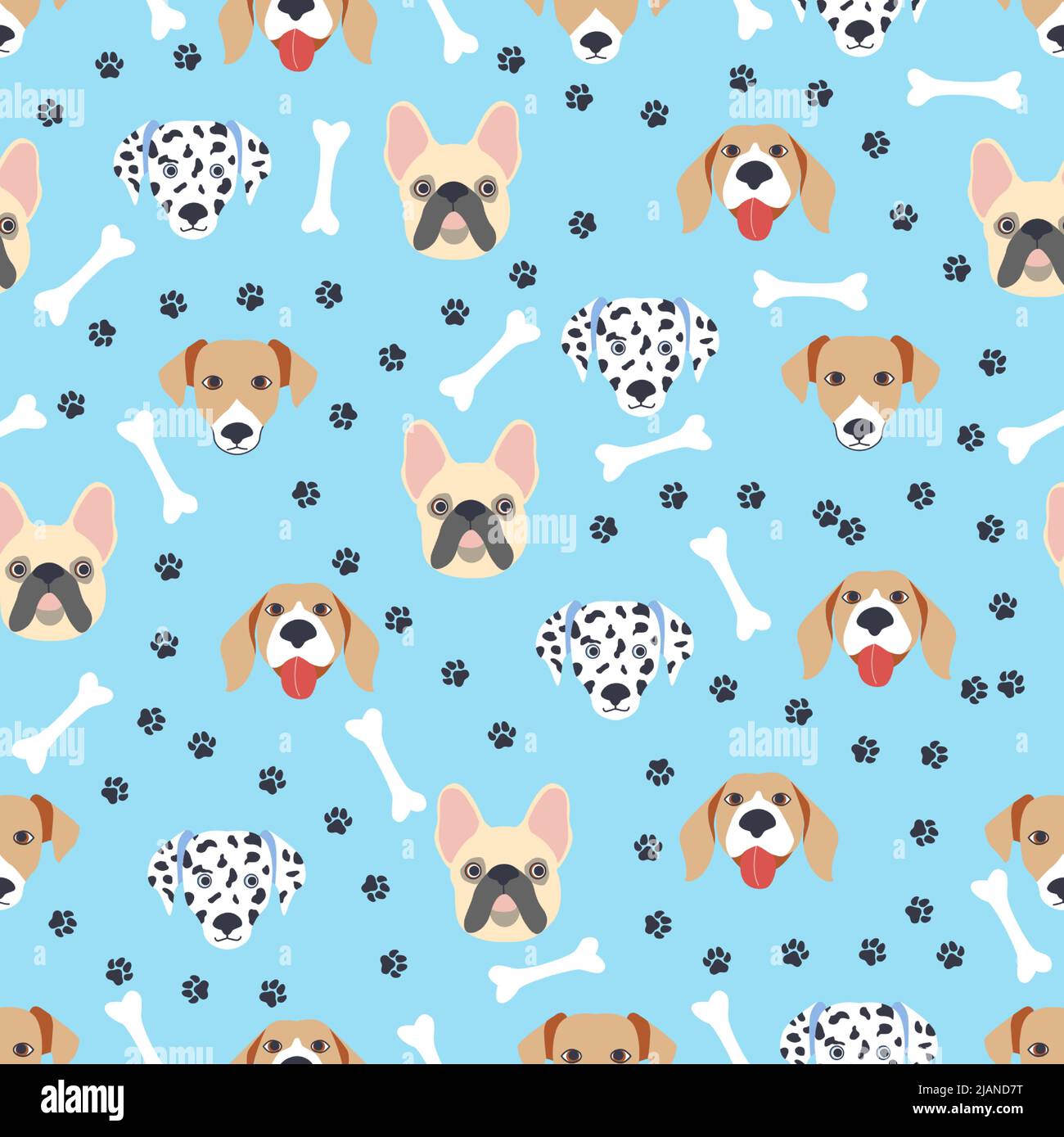 Motifs sans couture avec de jolis chiens de dessin animé muzzles.Dalmatien, Terrier, Bulldog. Illustration de Vecteur