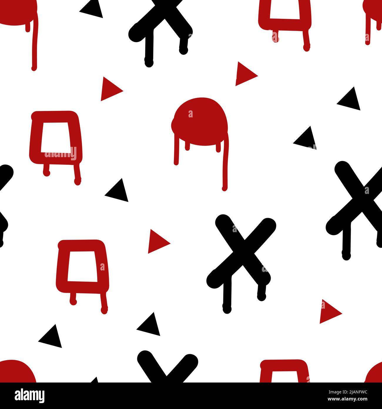 Motif sans couture avec formes graphiques sur fond blanc. Taches, éclaboussures, gouttes, cercles, carrés, triangles, croix. Illustration de Vecteur