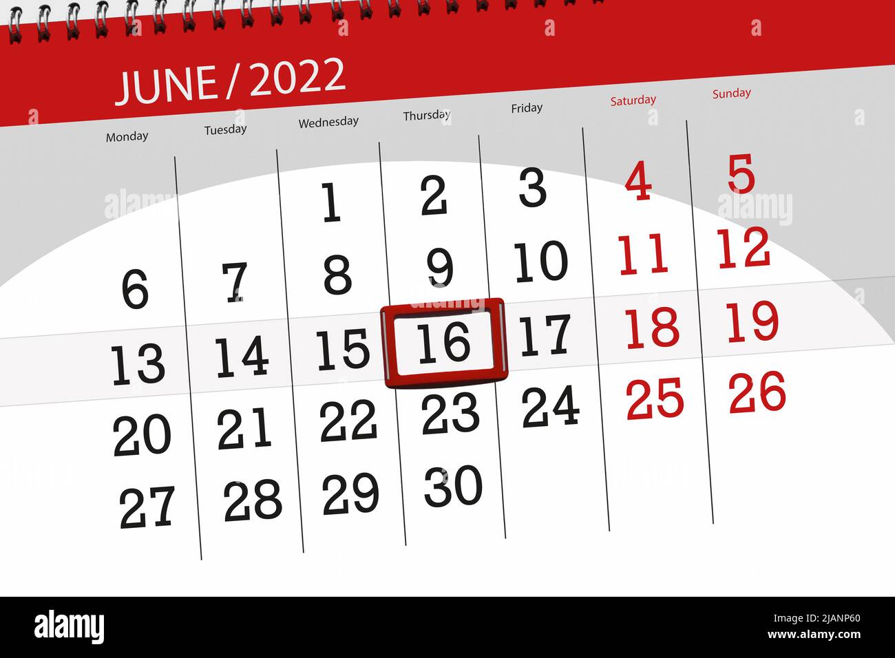 Calendrier du mois de juin 2022, date limite, 16, jeudi. Banque D'Images