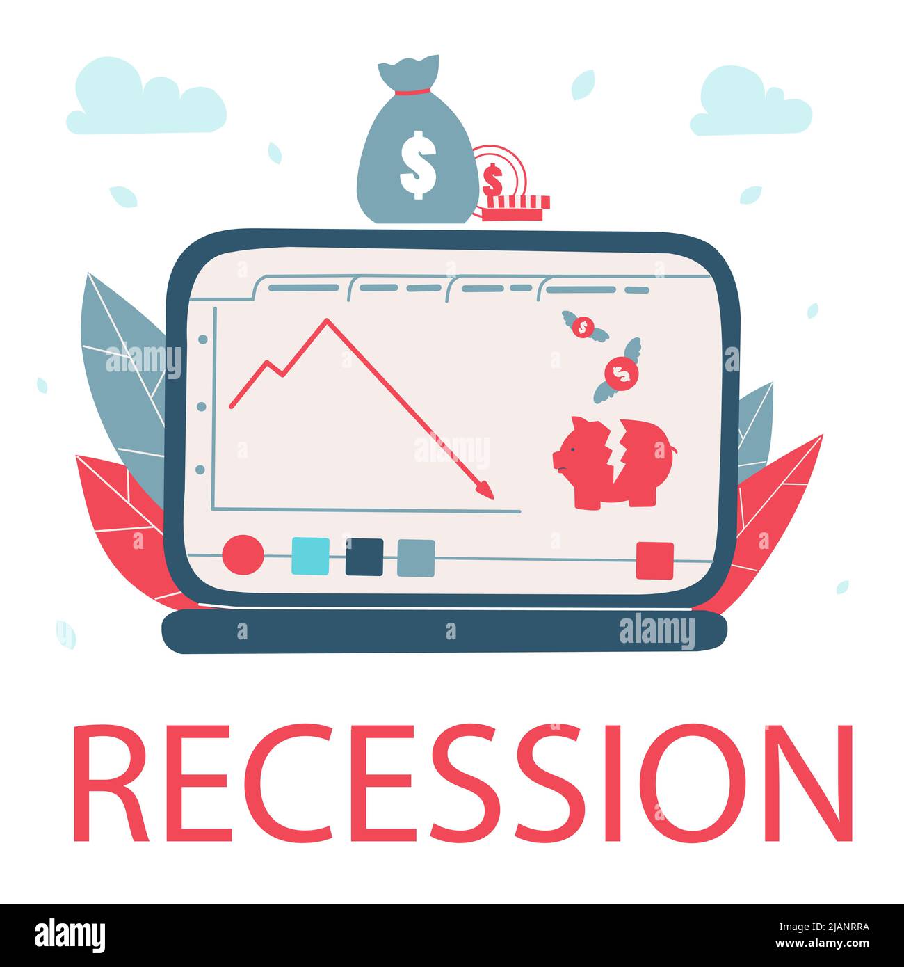 Graphique de récession, illustration vectorielle plate de dessin animé. Baisse du marché boursier graphique. Illustration vectorielle boursière. Diagramme financier. Illustration de Vecteur