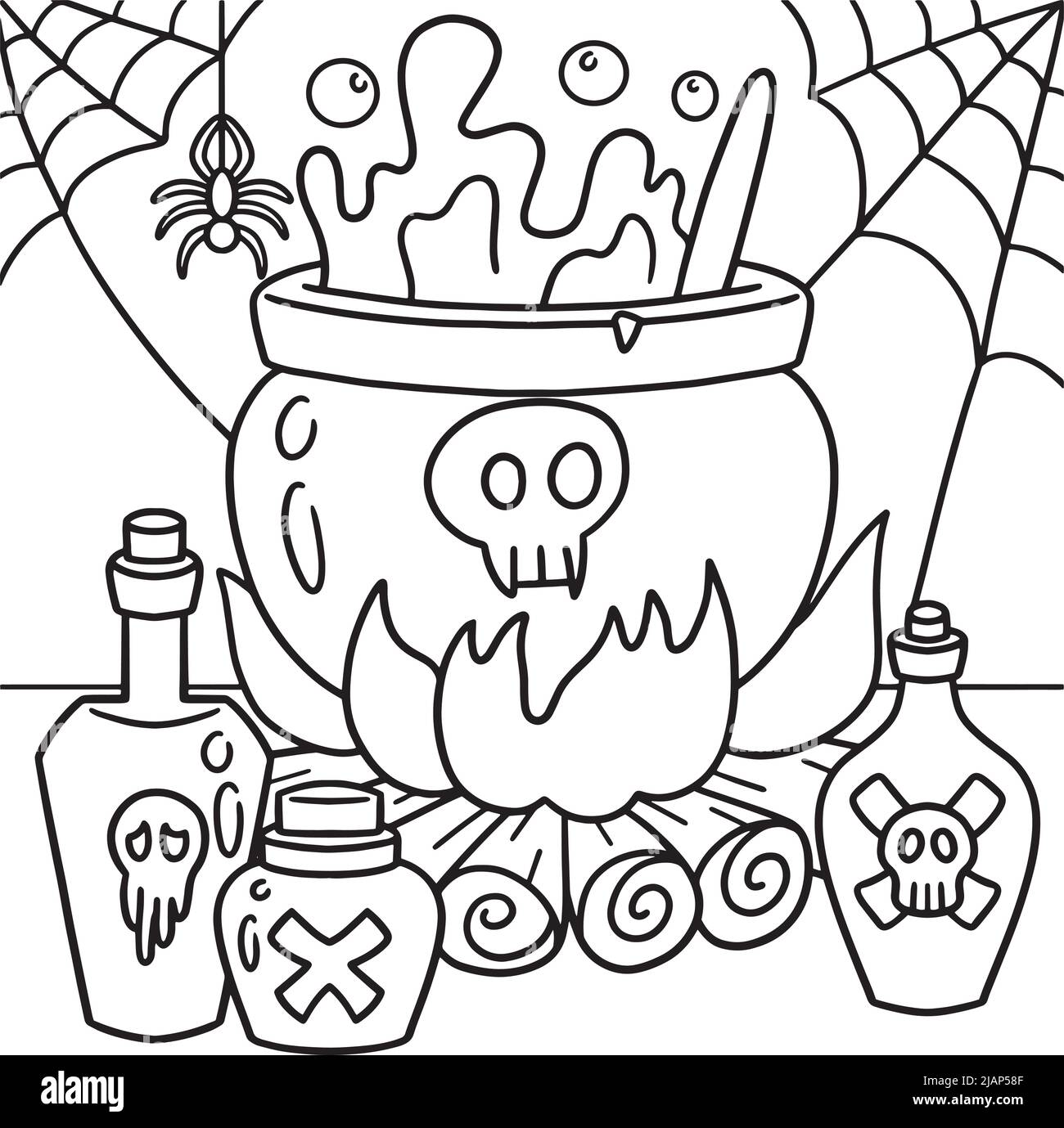 Sorcière Cauldron Halloween coloriage page pour enfants Illustration de Vecteur