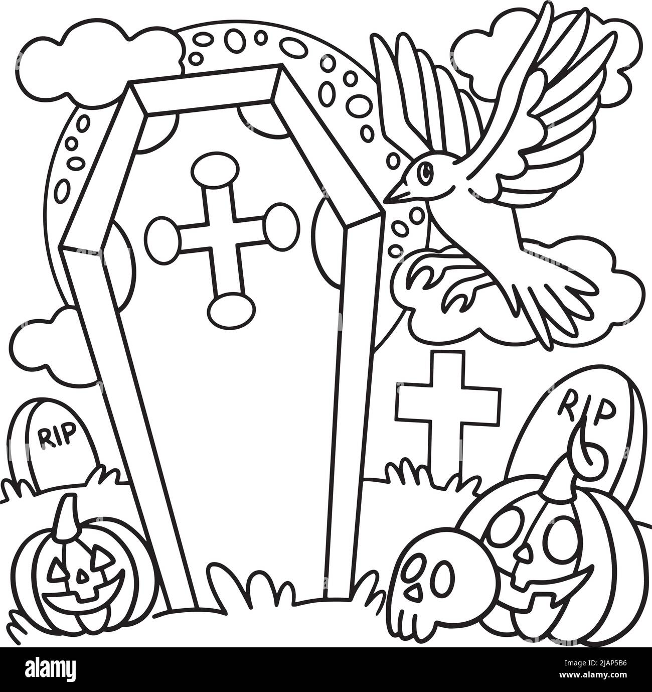 Corneilles dans Un cimetière Halloween coloriage page Illustration de Vecteur