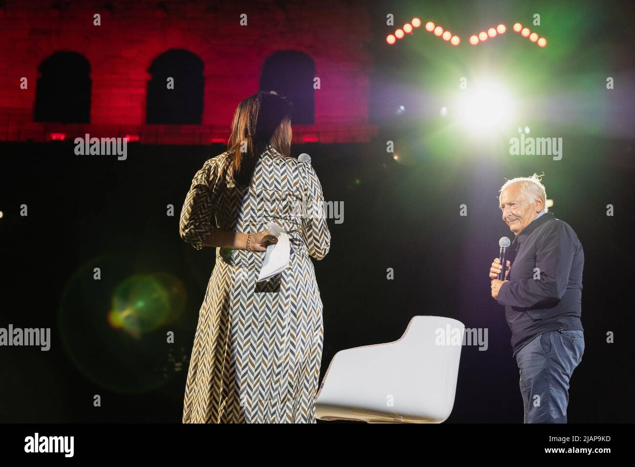 Vérone, Italie 11 septembre 2020. Le plus célèbre lyricien italien Mogol alias Giulio Rapetti Mogol pendant ses spectacles en direct dans Arena di Verona. Banque D'Images