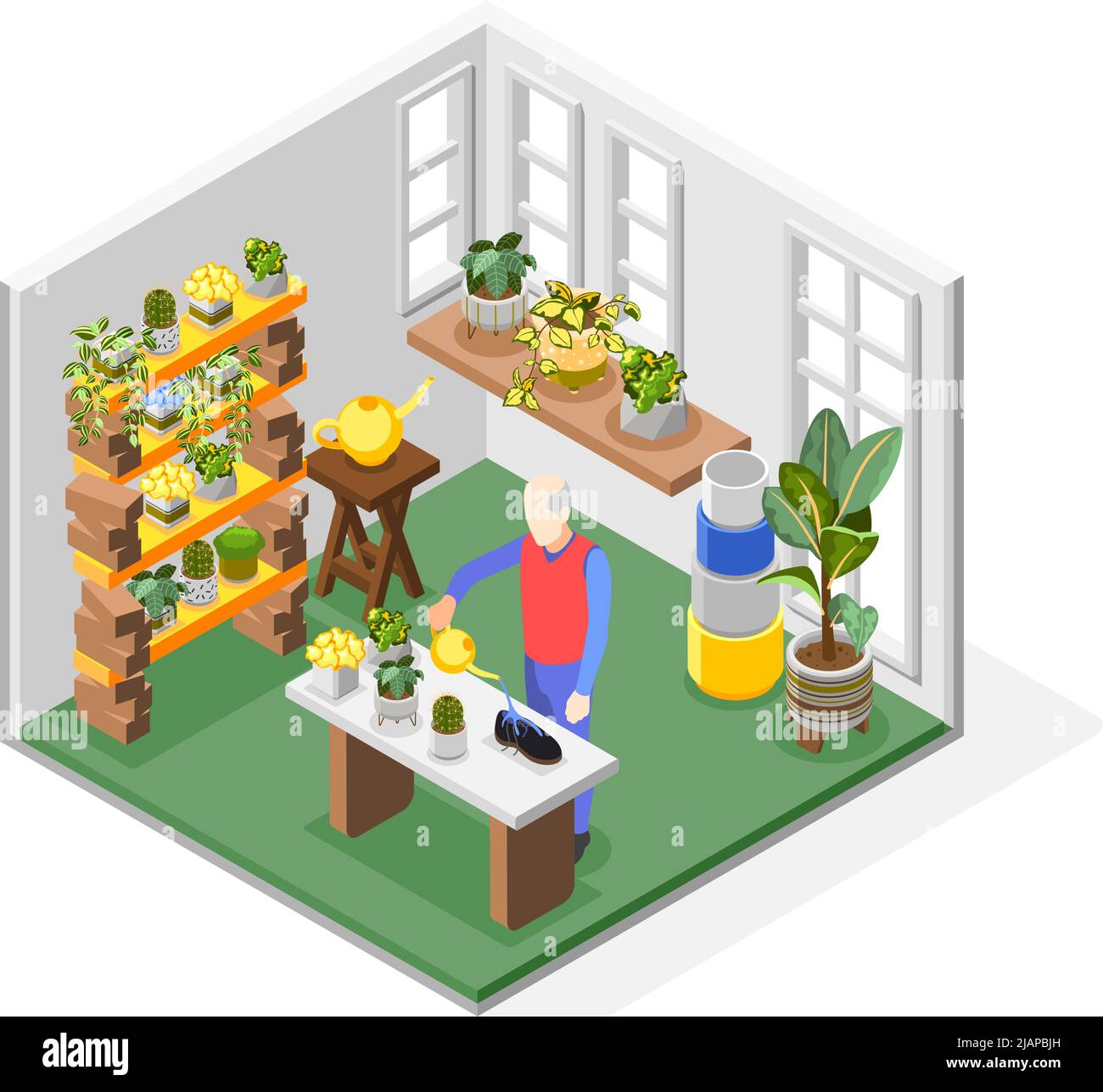 Homme âgé avec des symptômes de démence arroser sa chaussure au lieu de fleurs composition isométrique 3D illustration vectorielle Illustration de Vecteur