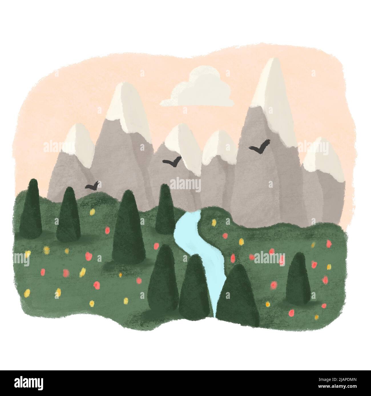 Champ de paysage en fleurs vue sur les montagnes et la forêt paysagant Flying Birds dessin Banque D'Images