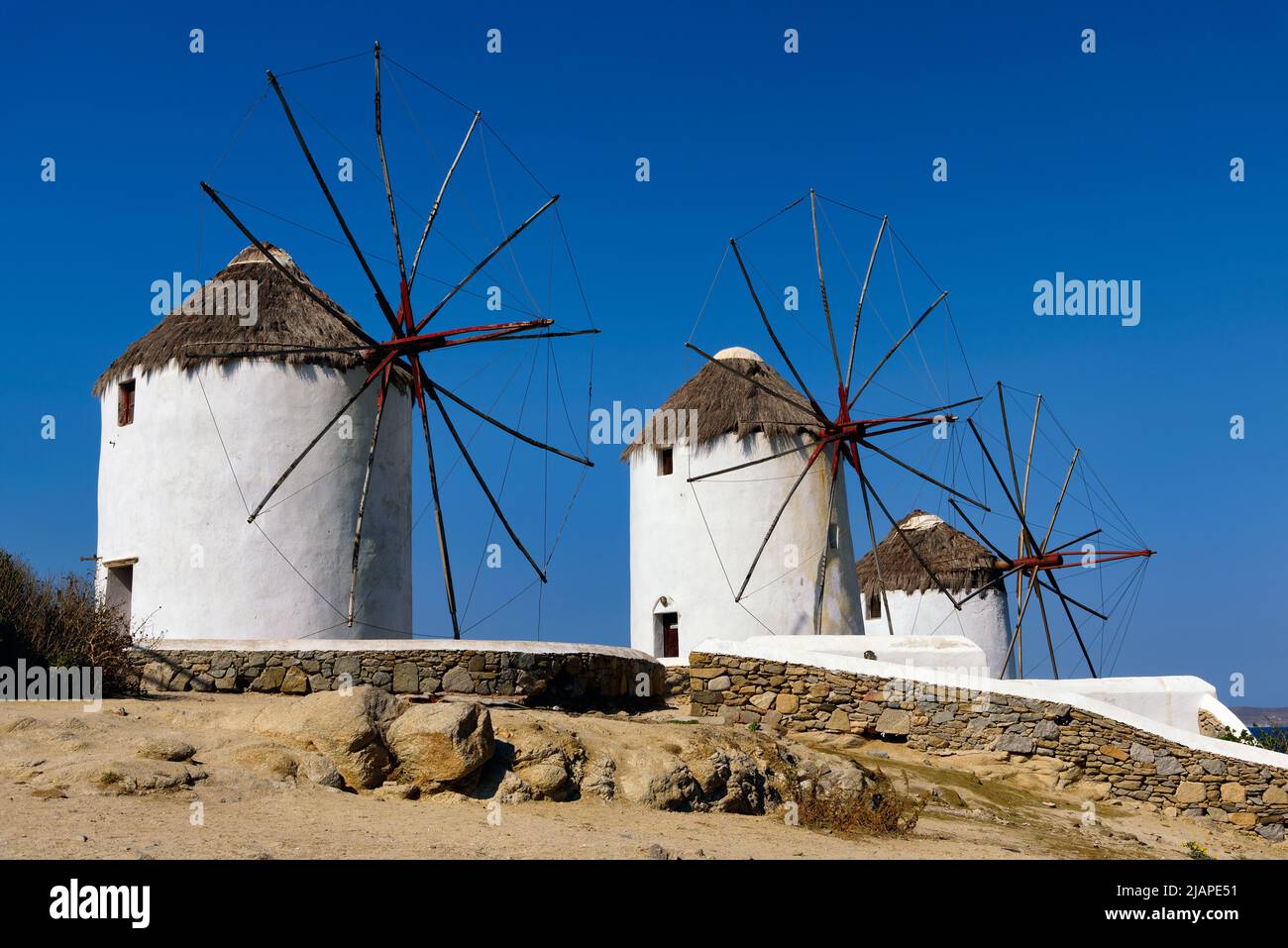 Moulins à vent sur l'île grecque de Mykonos. Mykonos est une île grecque du groupe Cyclades, dans la mer Égée. Grèce. Il y a actuellement 16 moulins à vent sur Mykonos, dont sept sont situés sur la colline historique de Chora. La plupart d'entre eux ont été construits par les Vénitiens au 16th siècle, mais leur construction s'est poursuivie au début du 20th siècle. Ils ont été principalement utilisés pour le moulin du blé. Banque D'Images Moulins à vent sur l'île grecque de Mykonos. Mykonos est une île grecque du groupe Cyclades, dans la mer Égée. Grèce. Il y a actuellement 16 moulins à vent sur Mykonos, dont sept sont situés sur la colline historique de Chora. La plupart d'entre eux ont été construits par les Vénitiens au 16th siècle, mais leur construction s'est poursuivie au début du 20th siècle. Ils ont été principalement utilisés pour le moulin du blé. Banque D'Images